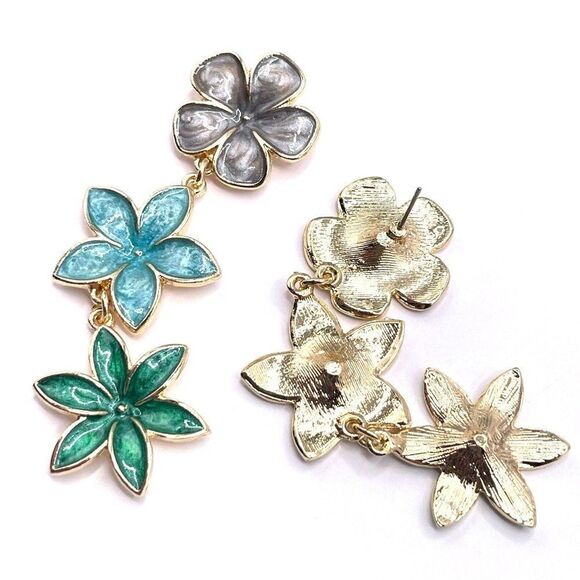 Long Yellow Gold with Oil Drip Flower Trio Post Back Dangling Earrings - Picture 5 of 6